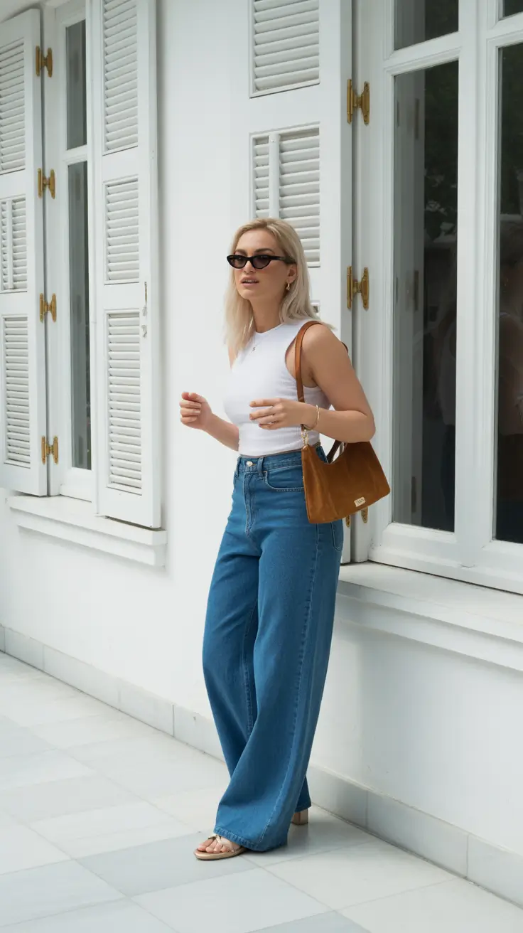 casual spring outfits 2026 Classic White Tank and Wide-Leg Denim Minimalism