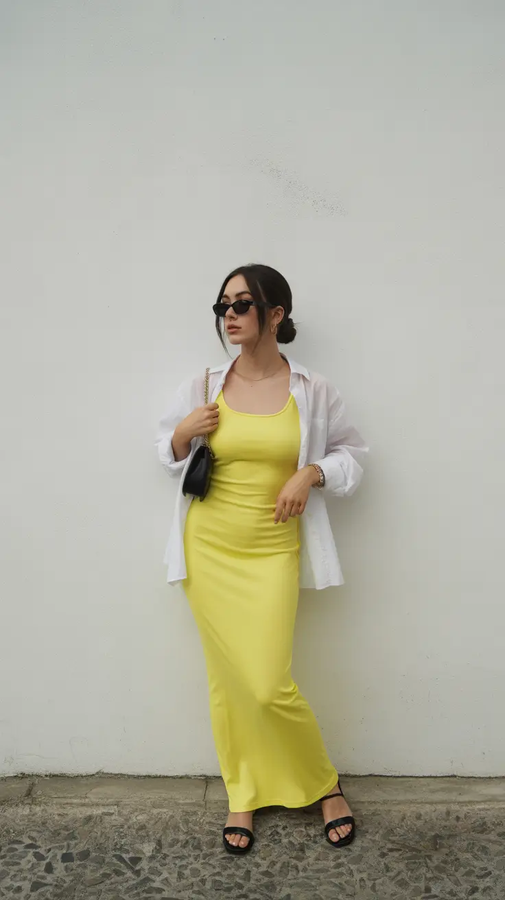 casual spring outfits 2026 Soft Yellow Dress with Relaxed Layering