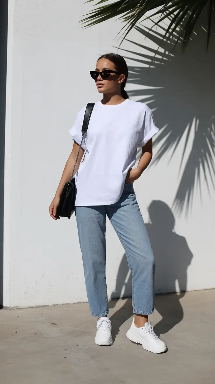 casual spring outfits 2026 Classic White Tee and Soft Blue Denim Calm
