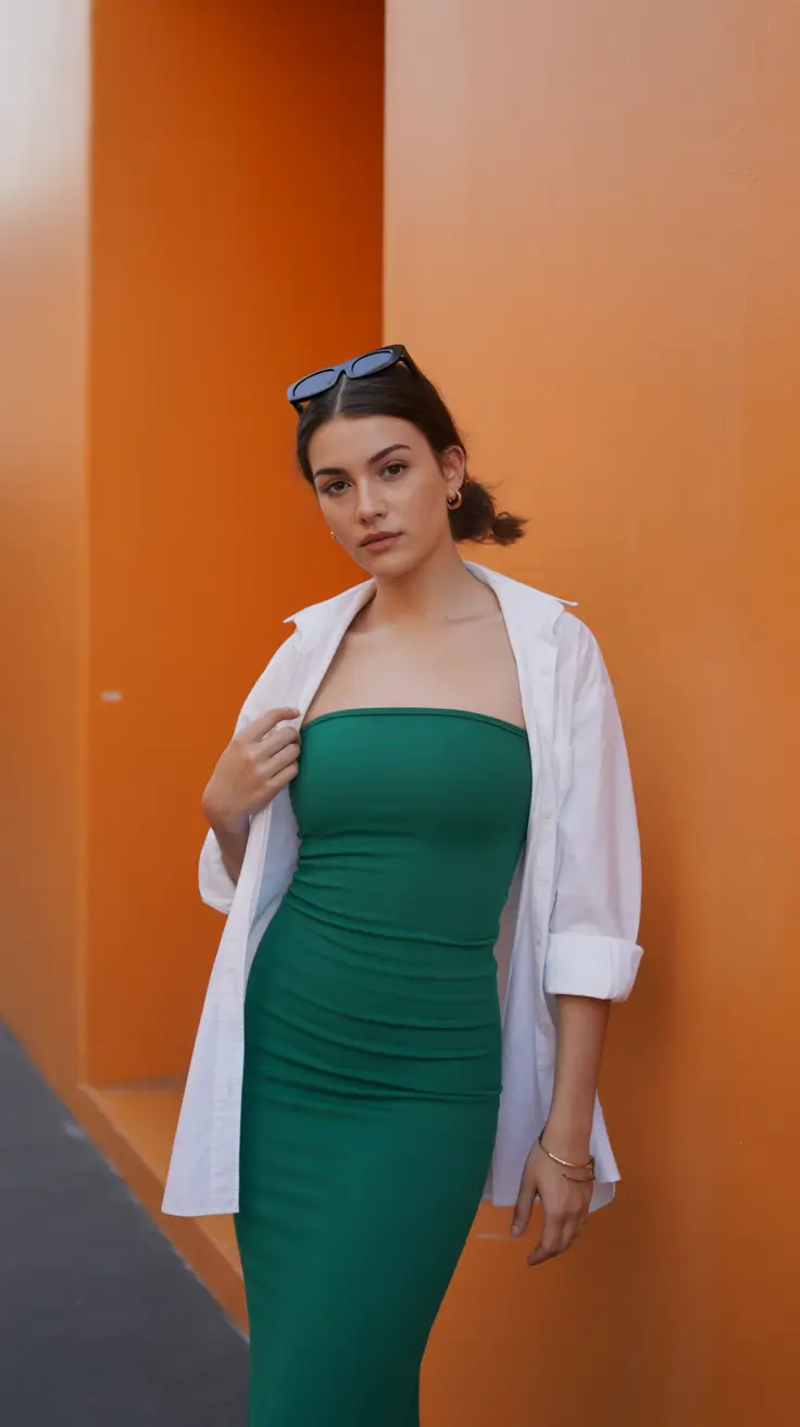 best spring outfits to wear 2026 - Green Bodycon Ease with a Fresh White Layer