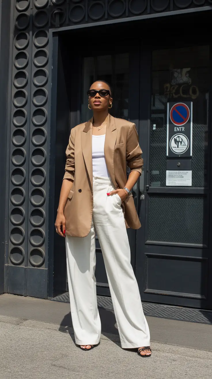 minimalist spring wardrobe 2026 - Timeless Tan Blazer with Crisp Monochrome Balance
