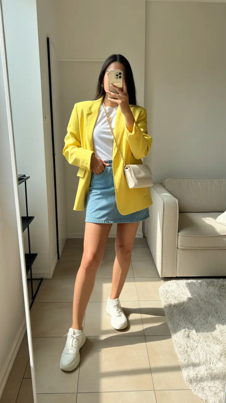 minimalist spring wardrobe 2026 - Sunny Blazer Energy with Denim Skirt Playfulness