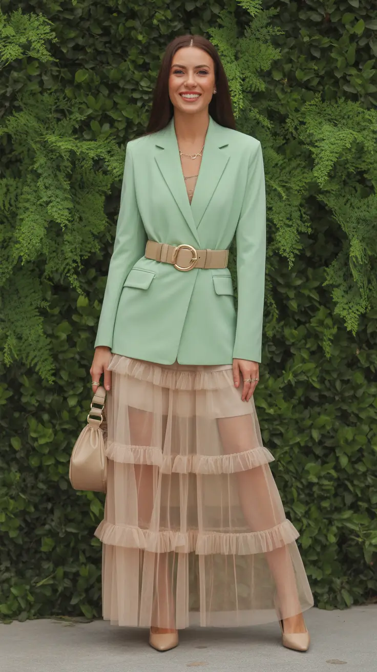 minimalist spring wardrobe 2026 - Mint Blazer Elegance with Sheer Neutral Layers