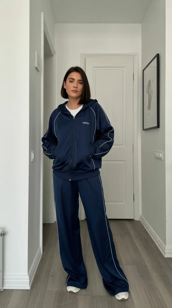classy airport spring outfits 2026 Classic Navy Tracksuit With Retro Edges