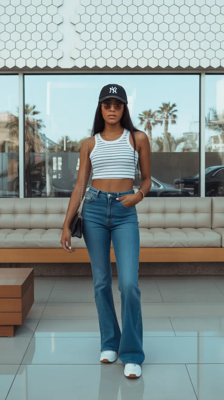 classy airport spring outfits 2026 Striped Minimalism With a Sporty Edge