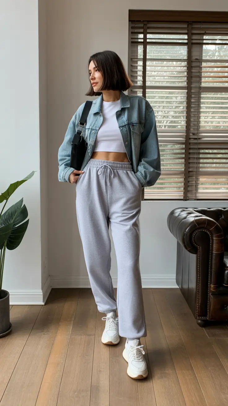 classy airport spring outfits 2026 Laid-Back Denim With Classic Sweatpants Ease