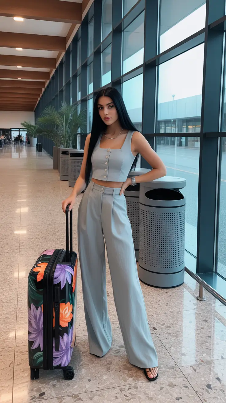 classy airport spring outfits 2026 Tailored Blue for the Minimalist Traveler
