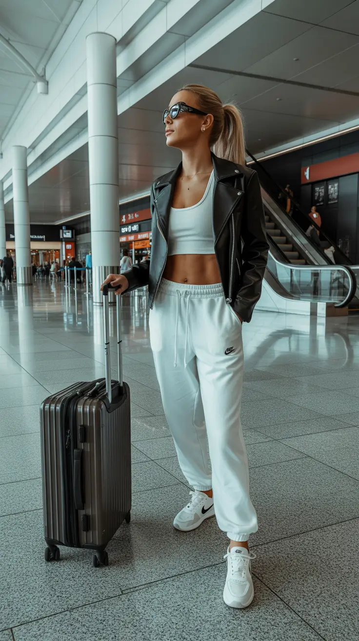 classy airport spring outfits 2026 Sporty Chic in Black and White