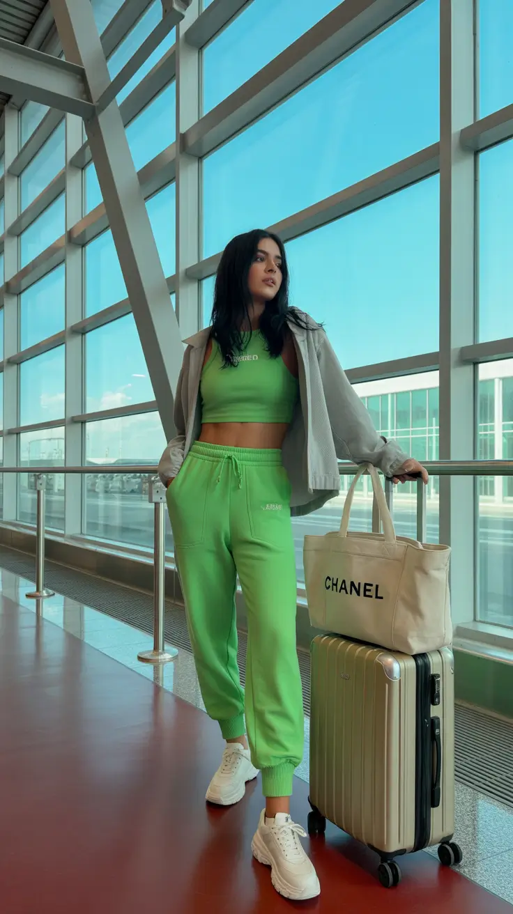 classy airport spring outfits 2026 Neon Athleisure With a Designer Twist