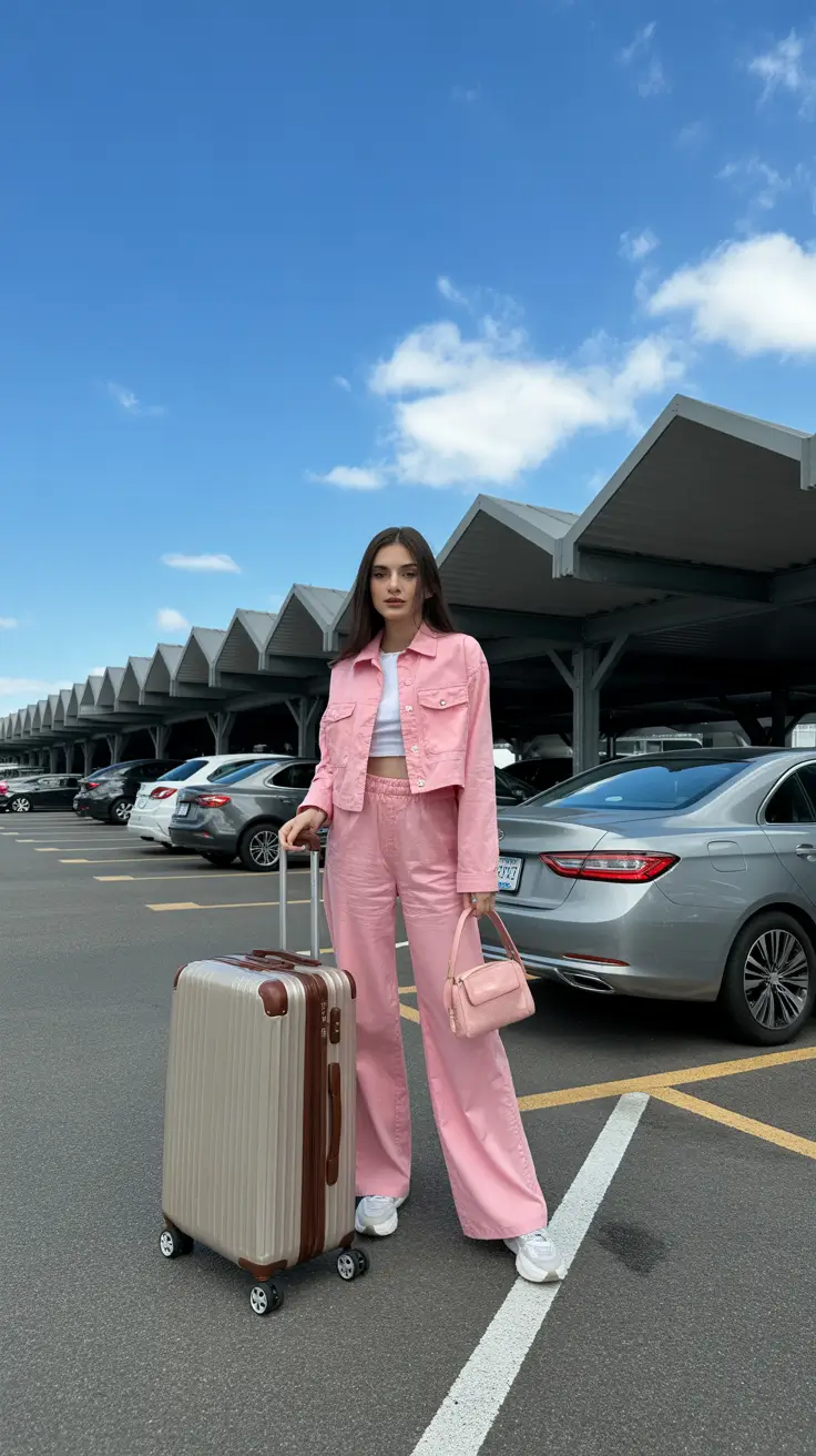 classy airport spring outfits 2026 Sugar-Pink Tailoring for the Soft Girl Traveler