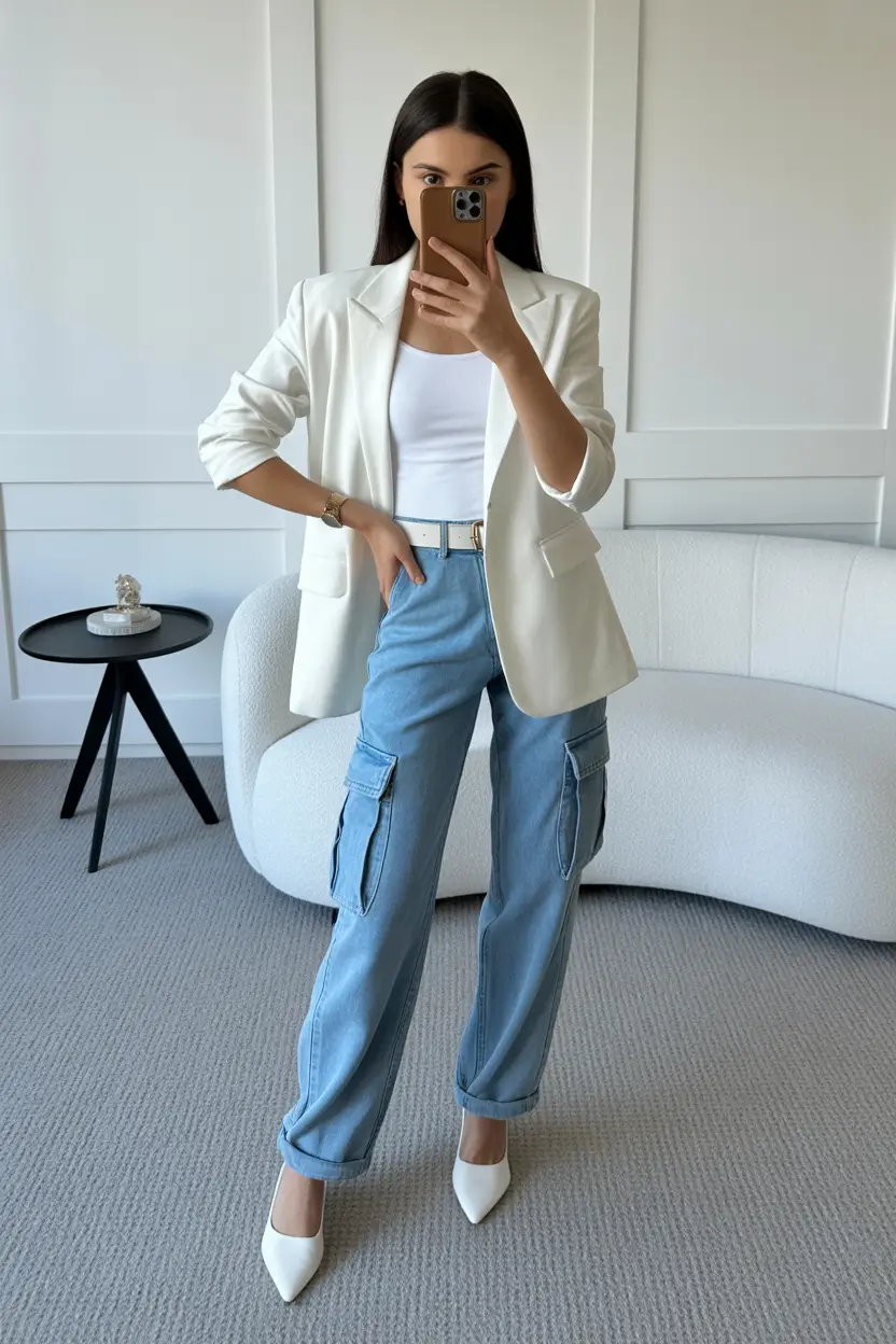 spring jeans outfit 2026 White Blazer Polish with Cargo Denim