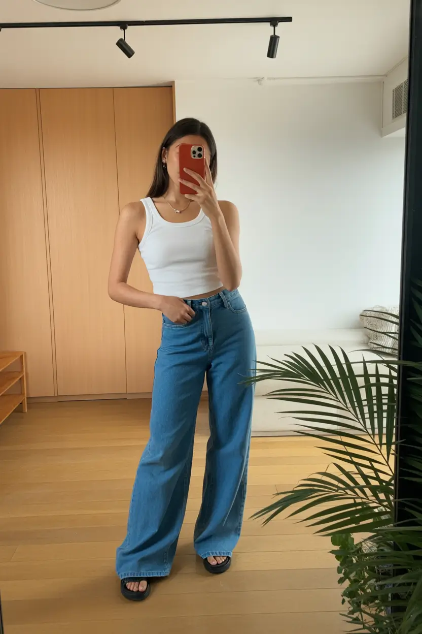 spring jeans outfit 2026 Clean White Tank with Bright Sapphire Denim