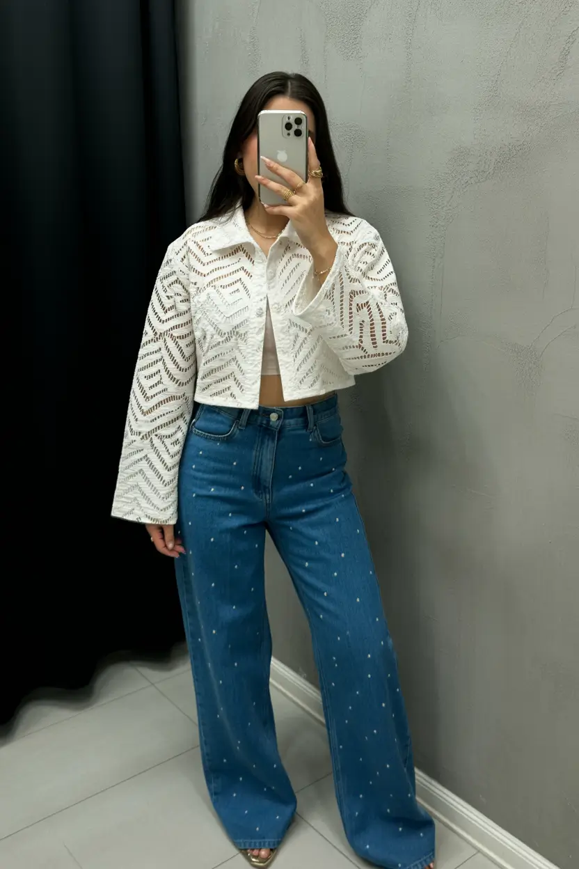 spring jeans outfit 2026 Eyelet Texture with Studded Wide-Leg Denim