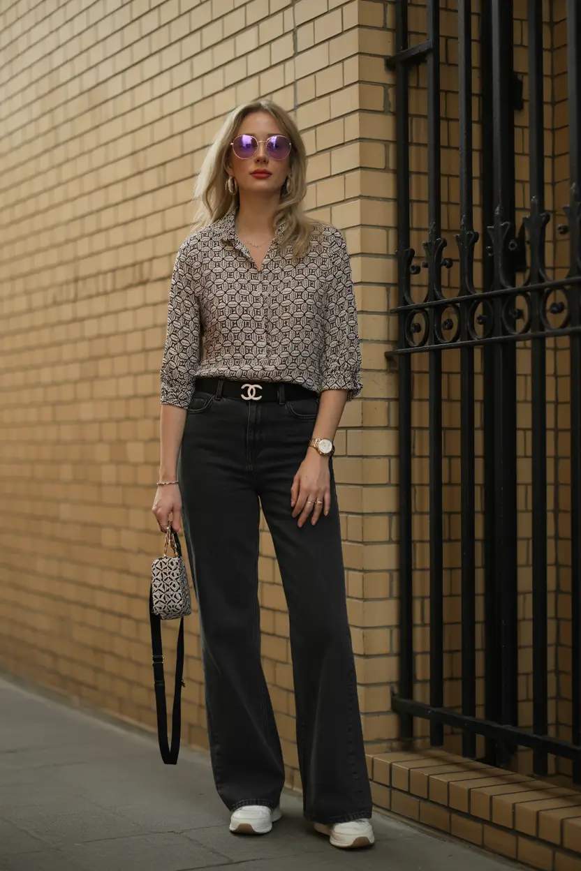 spring jeans outfit 2026 Geometric Print Elegance with Ink-Black Denim