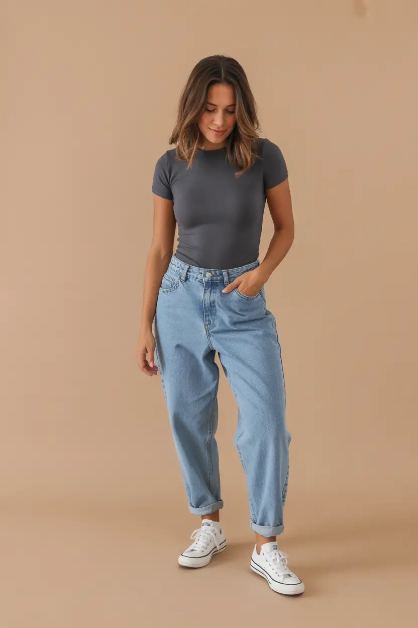spring jeans outfit 2026 Soft Slate Tee with Relaxed Light Denim