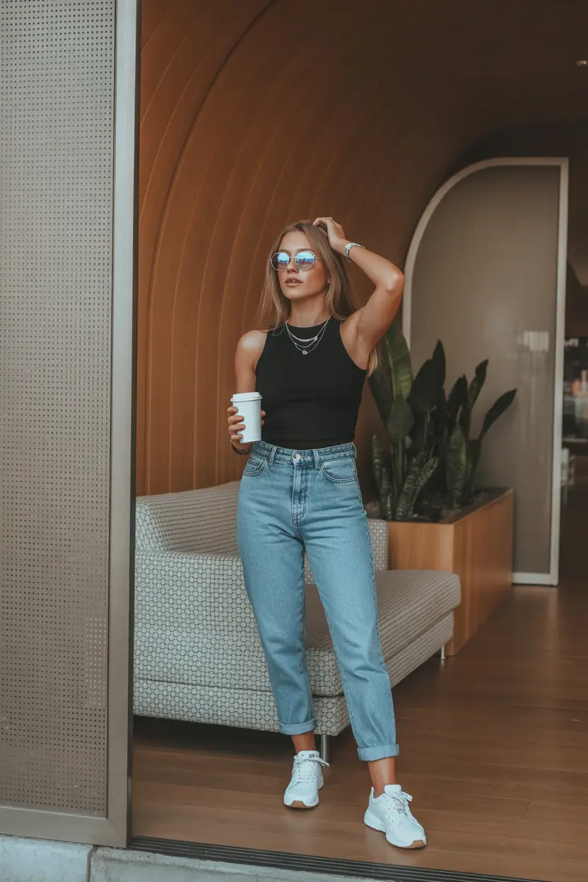 spring jeans outfit 2026 Sporty Black Tank with Clean Rolled Denim