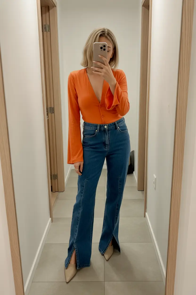 spring jeans outfit 2026 Tangerine Wrap Top with Tailored Indigo Denim