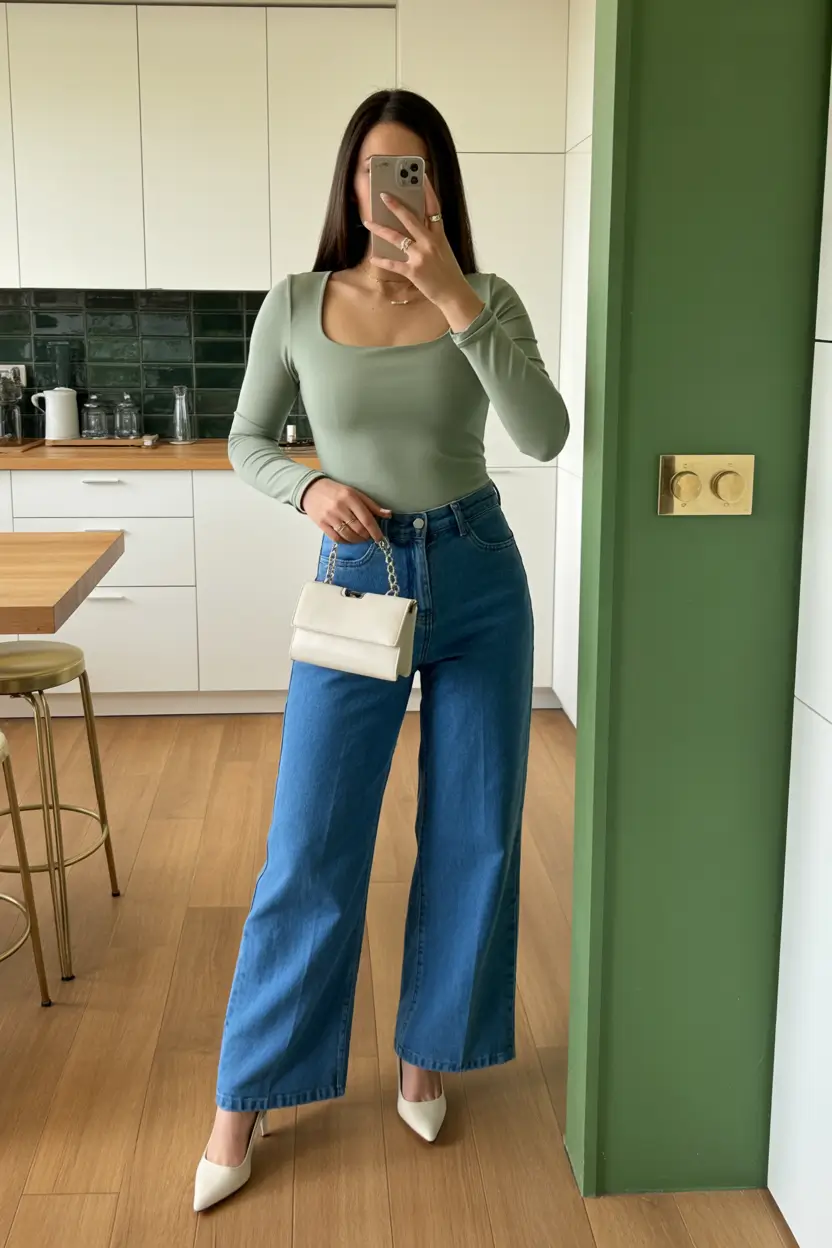 spring jeans outfit 2026 Sage and Indigo Clean Lines
