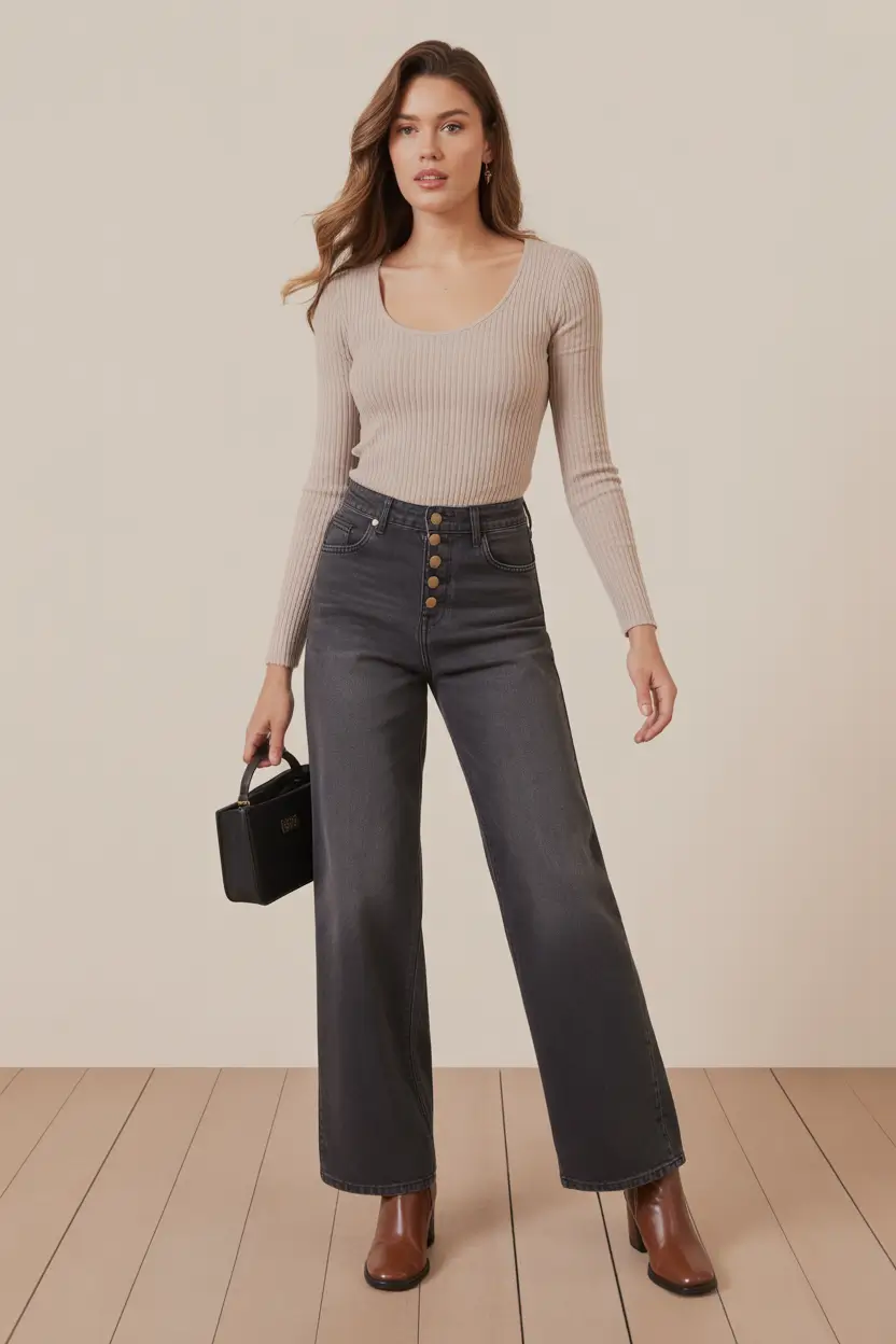 spring jeans outfit 2026 Ribbed Neutral Knit with Structured Charcoal Flares