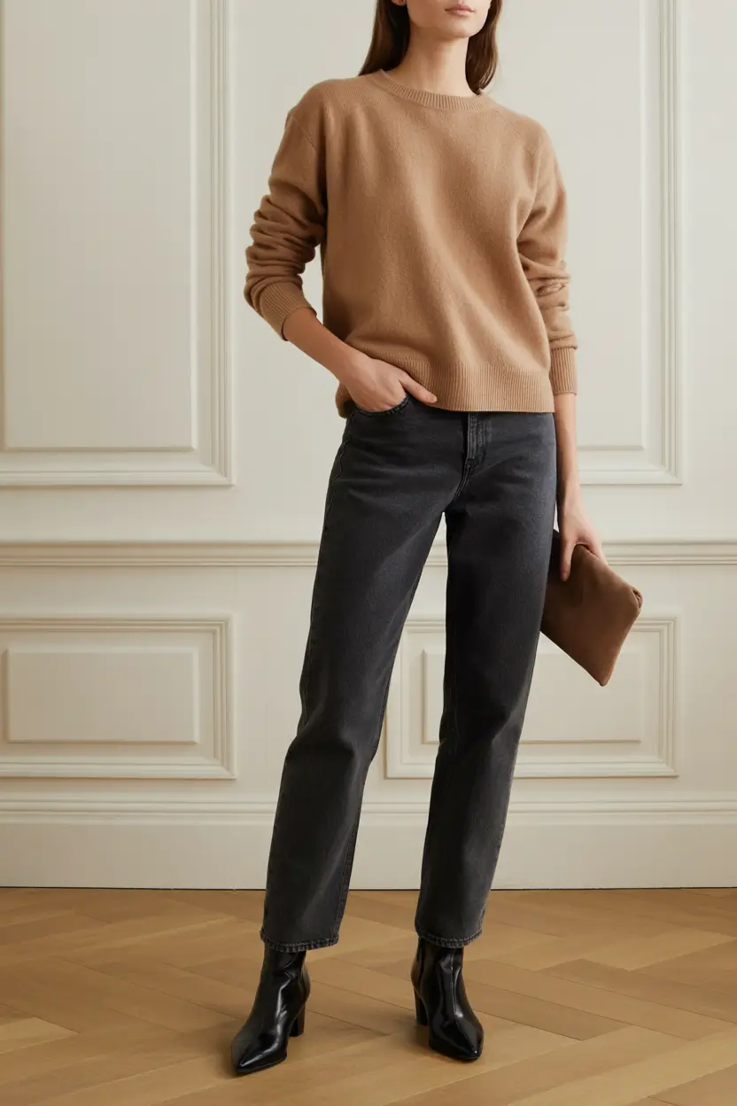 spring jeans outfit 2026 Caramel Knit Warmth with Deep Charcoal Denim
