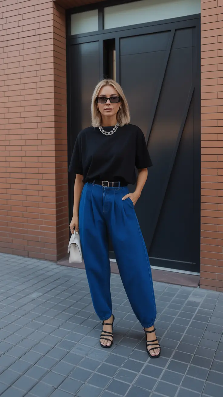 spring jeans outfit 2026 Urban Black Tee with Sculpted Sapphire Denim