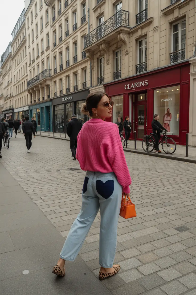 spring jeans outfit 2026 Playful Parisian Heart-Patch Denim