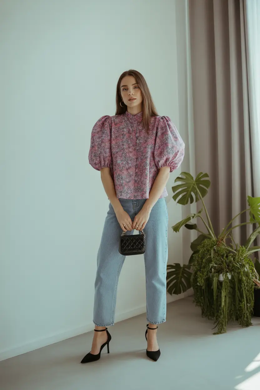 spring jeans outfit 2026 Puff-Sleeve Romance with Cropped Light Denim