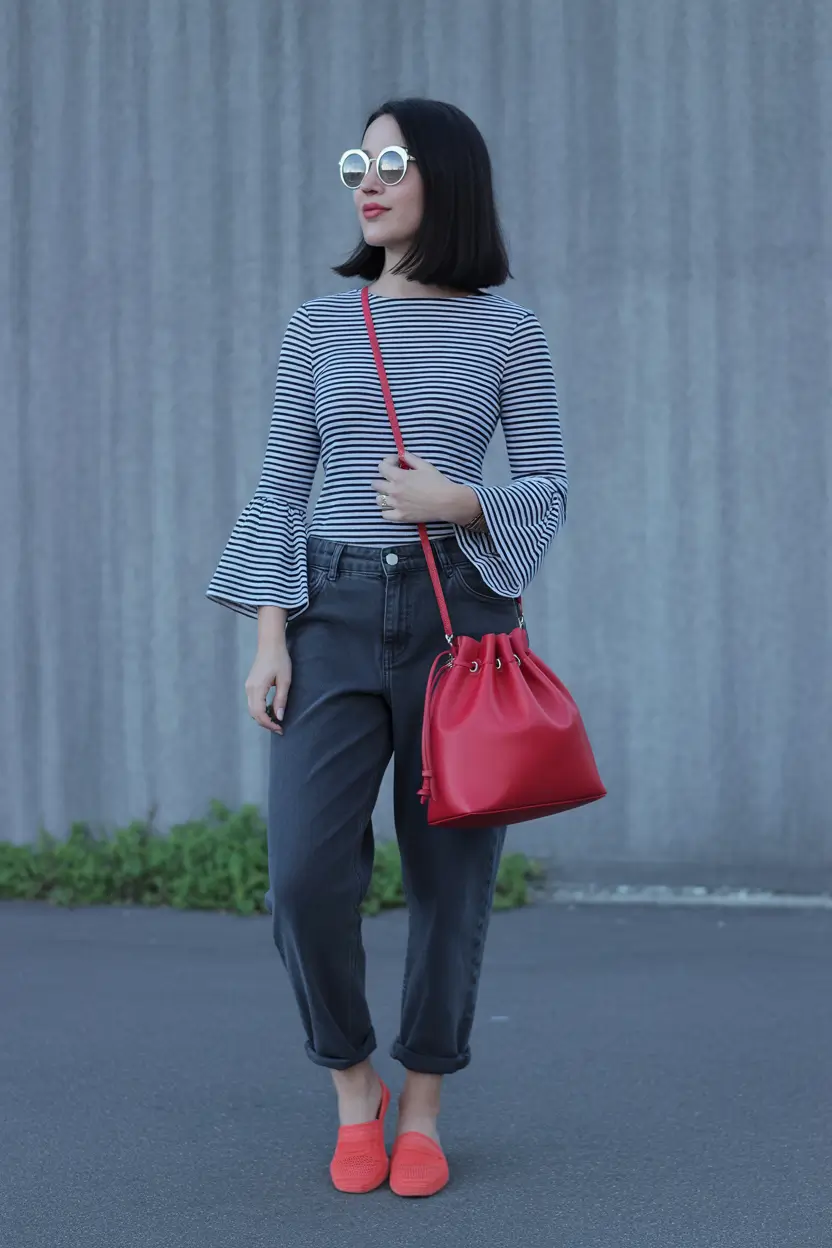 spring jeans outfit 2026 Striped Chic with Charcoal Denim and Red Accents