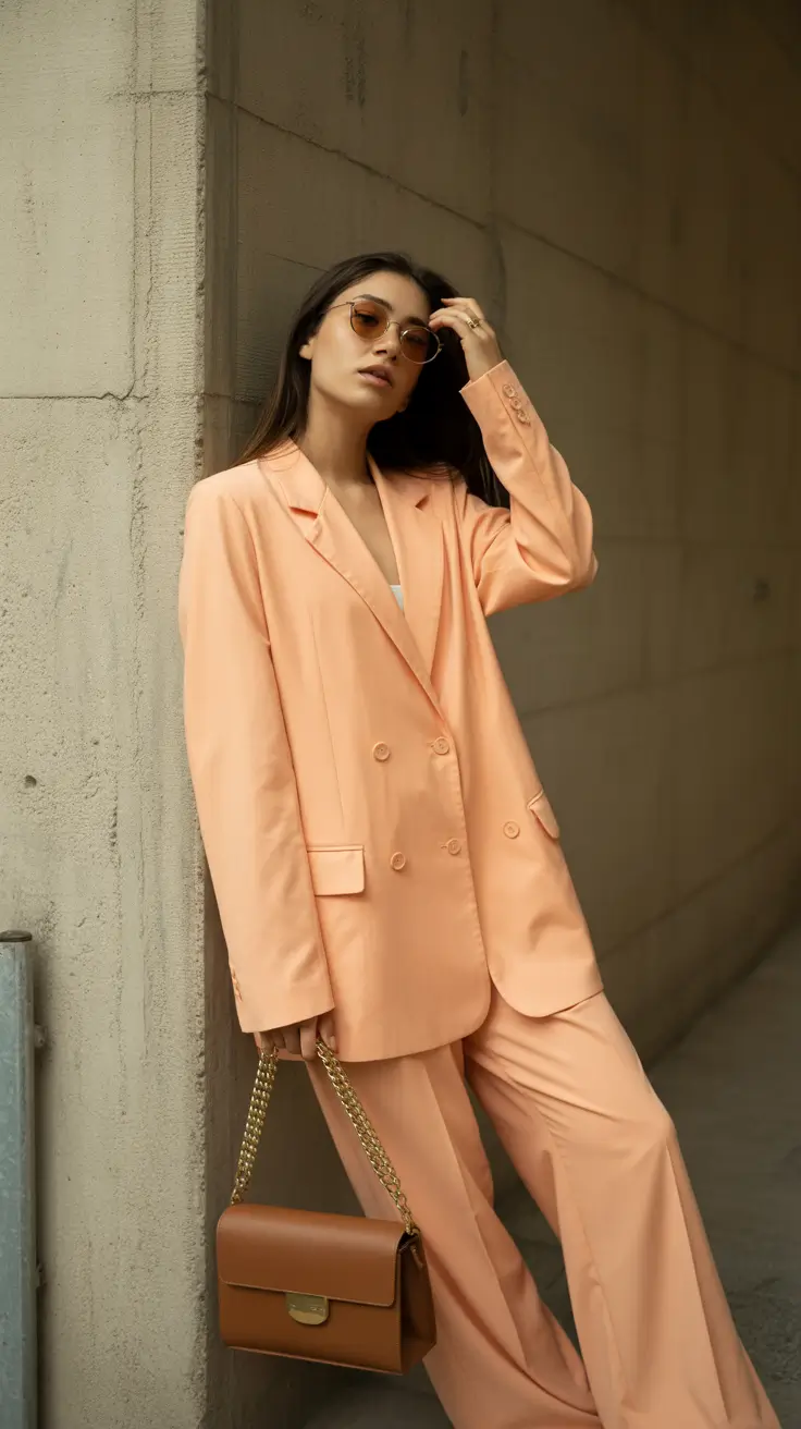 classy spring transition outfits in 2026 Peach Power Suit With Soft Modern Glamour
