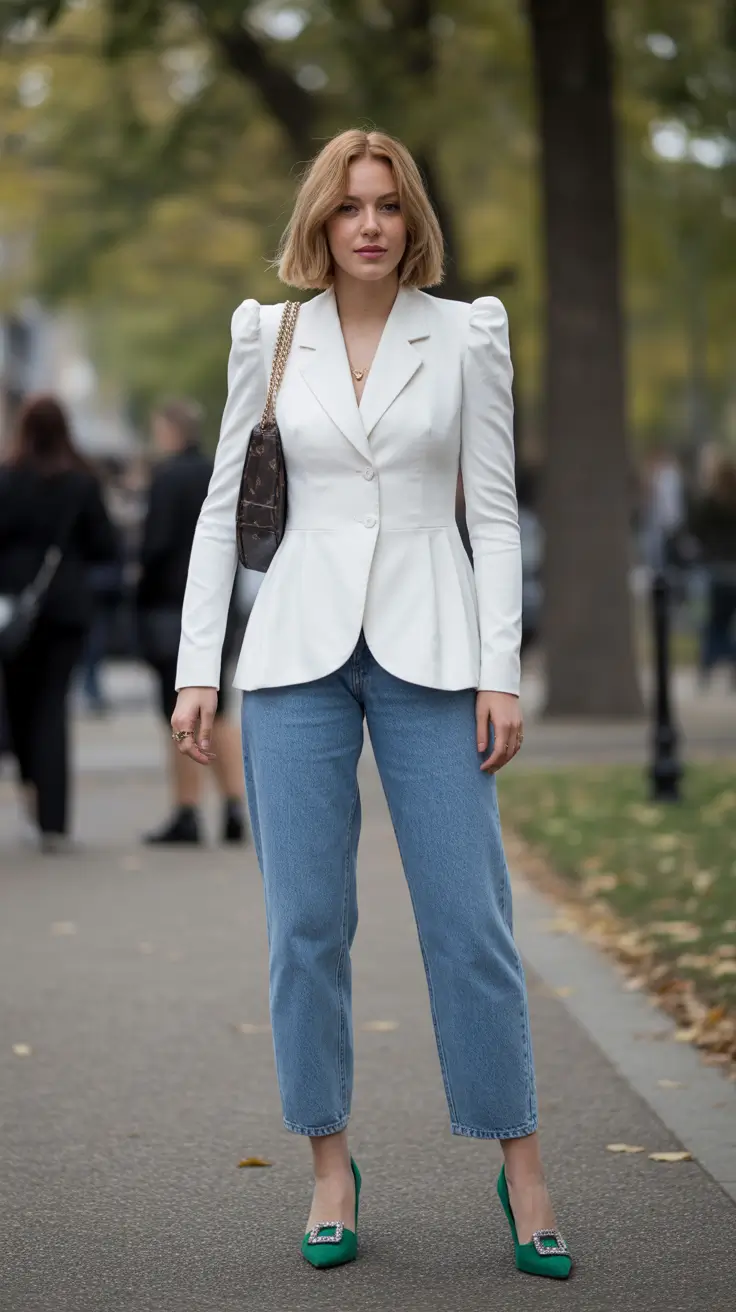 classy spring transition outfits in 2026 Structured Whites With Vintage Denim and Green Accents