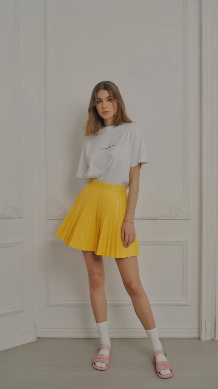 cute pleated skirt spring outfits for women 2026 Sunny-Yellow Spring Energy in a Playful Pleated Mini