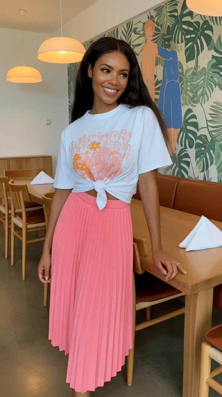 cute pleated skirt spring outfits for women 2026 Bright Coral Pleats with a Knotted Graphic Tee
