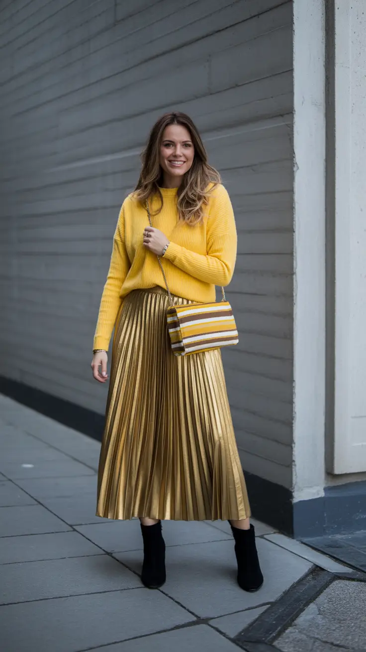cute pleated skirt spring outfits for women 2026 Golden Glow with a Monochrome Spring Palette