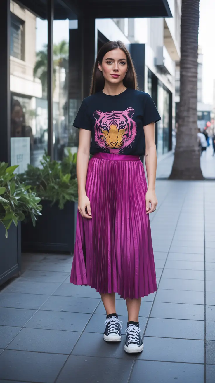 cute pleated skirt spring outfits for women 2026 Bold Magenta Pleats with a Graphic Edge