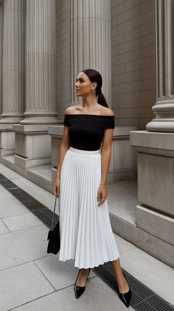 cute pleated skirt spring outfits for women 2026 Monochrome Elegance with Black and White Pleats