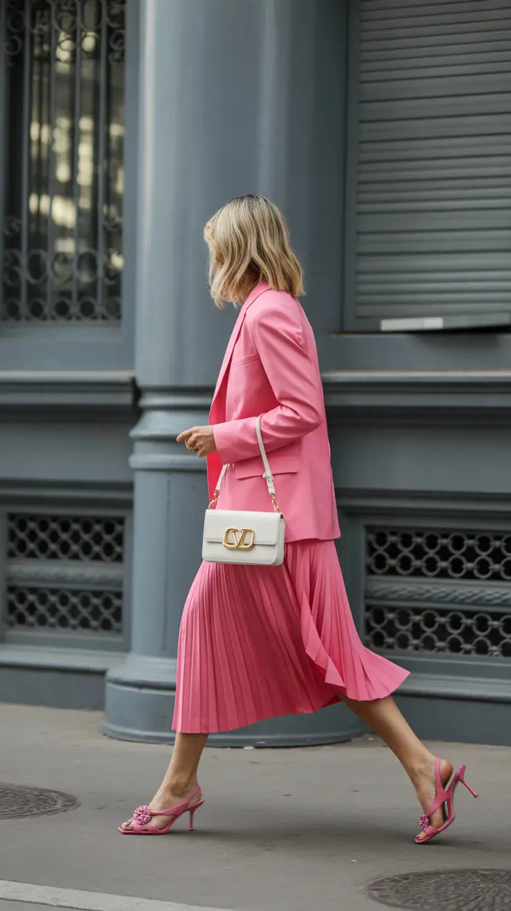 cute pleated skirt spring outfits for women 2026 Head-to-Toe Pink Confidence for Spring