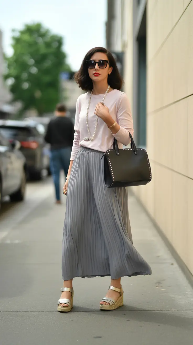 cute pleated skirt spring outfits for women 2026 Chic Neutrals in Flowing Grey Pleats