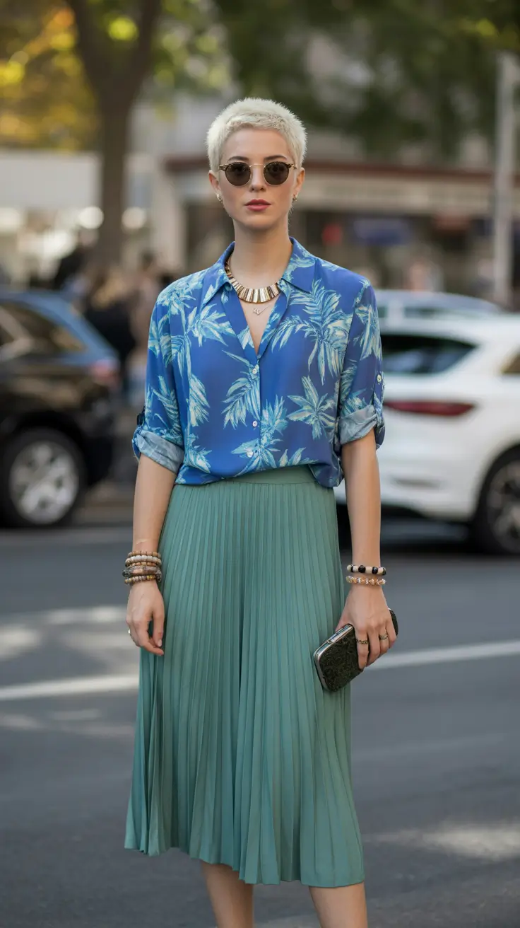 cute pleated skirt spring outfits for women 2026 Cool Tropics with Teal Pleats and a Printed Shirt