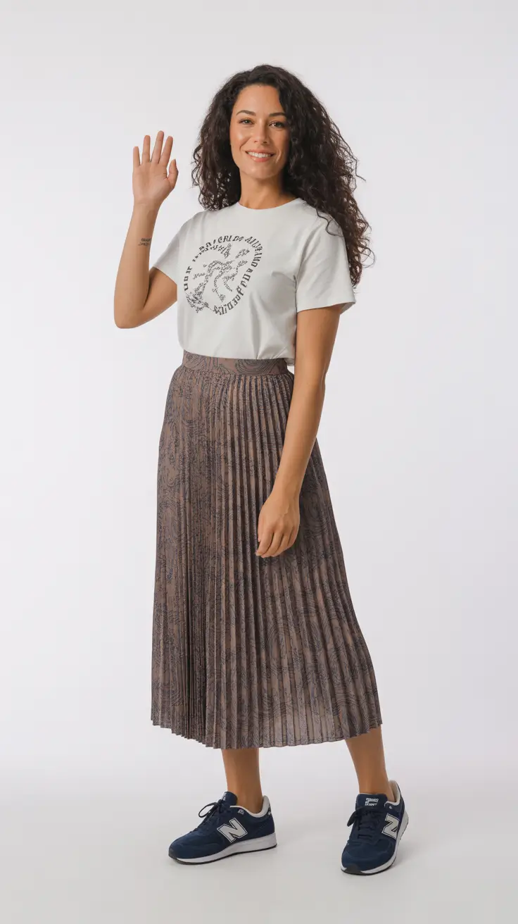 cute pleated skirt spring outfits for women 2026 Everyday Ease in a Flowy Printed Midi Skirt
