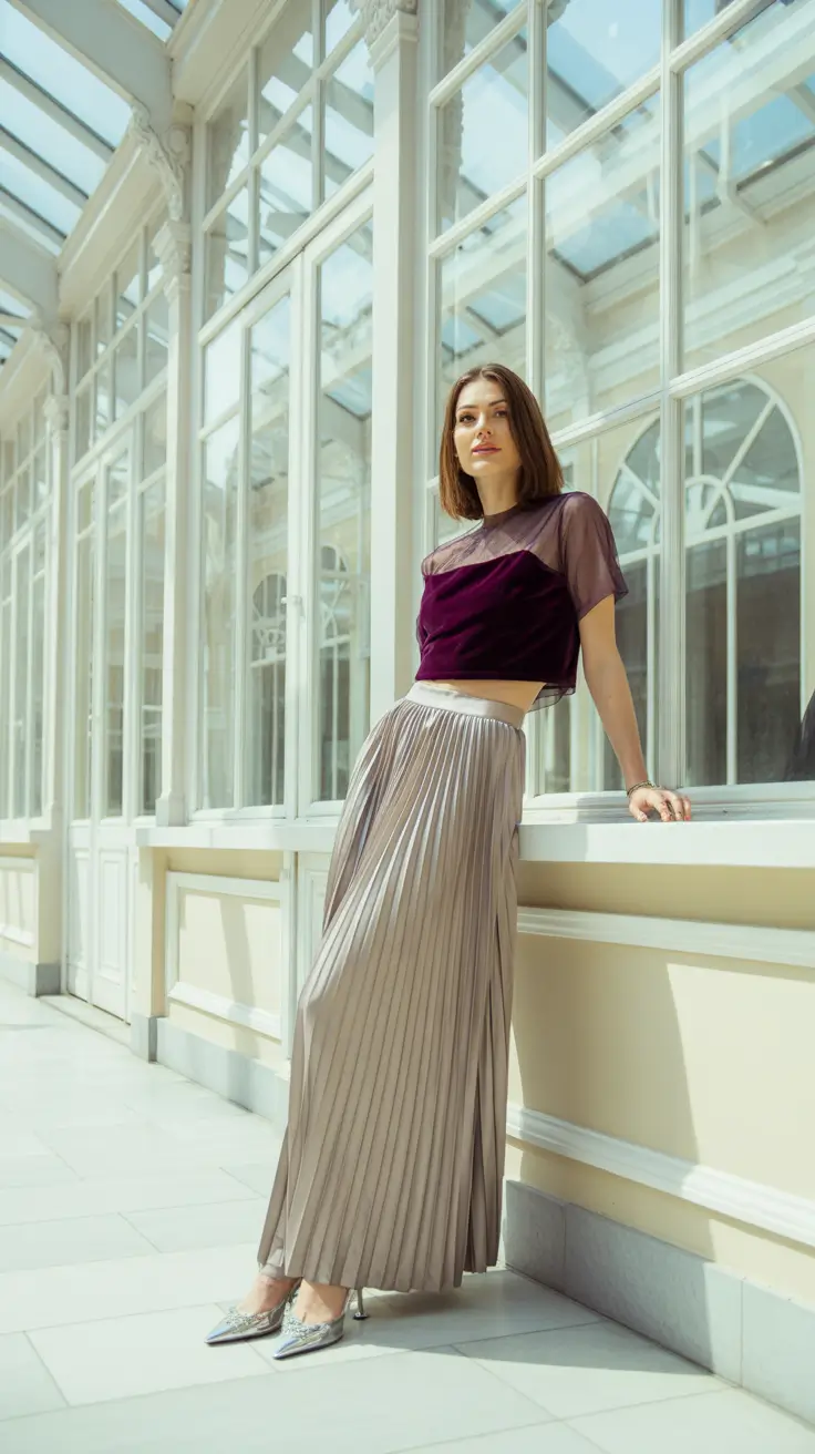 cute pleated skirt spring outfits for women 2026 Sheer Layers and Metallic Pleats for a Modern Spring Glow