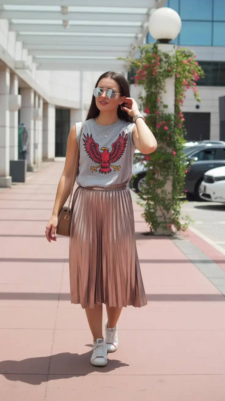 cute pleated skirt spring outfits for women 2026 Metallic Warmth and Graphic Cool for a Modern Spring Twist