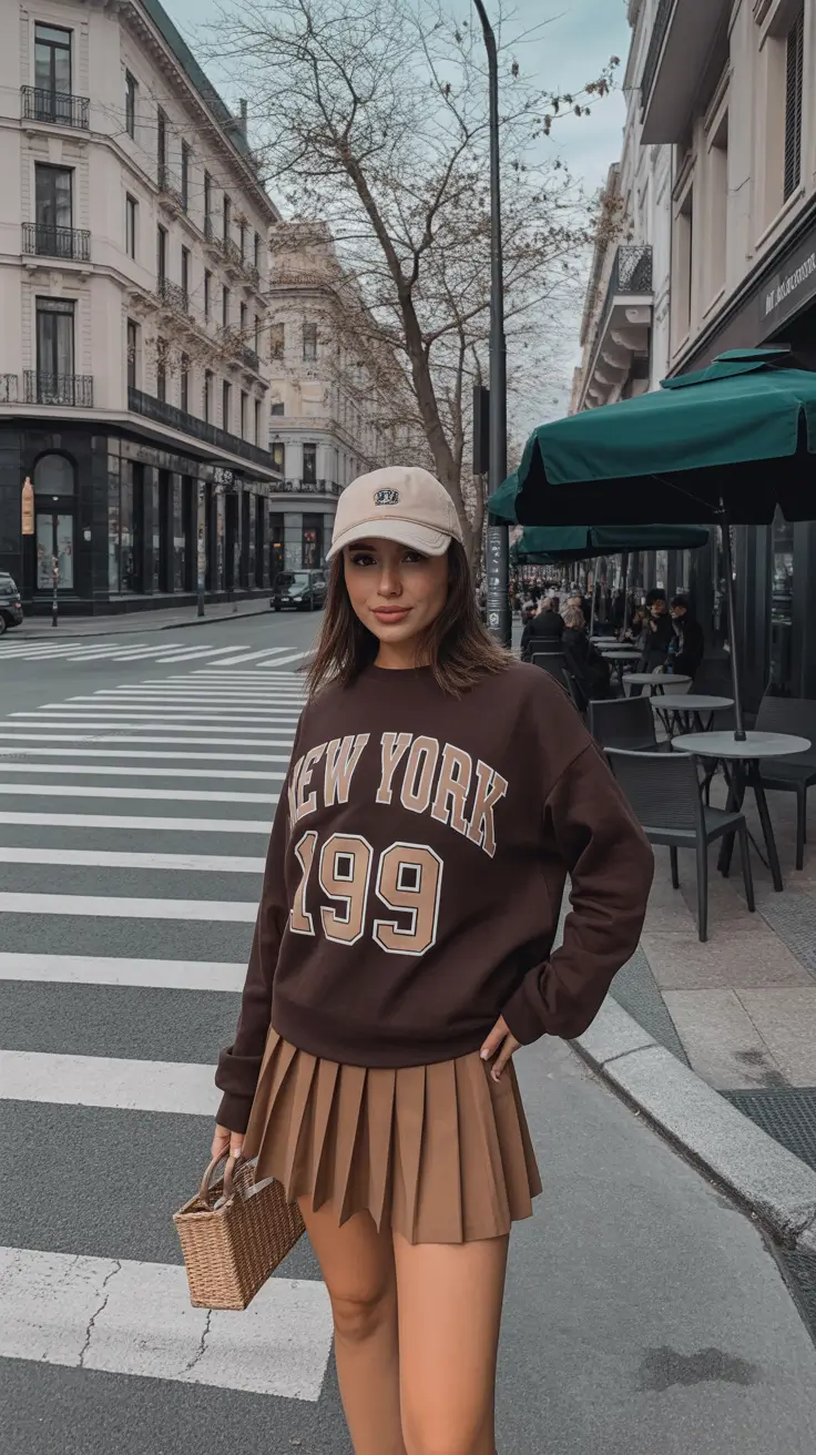 cute pleated skirt spring outfits for women 2026 City-Neutral Athleisure with a Warm-Toned Pleated Mini