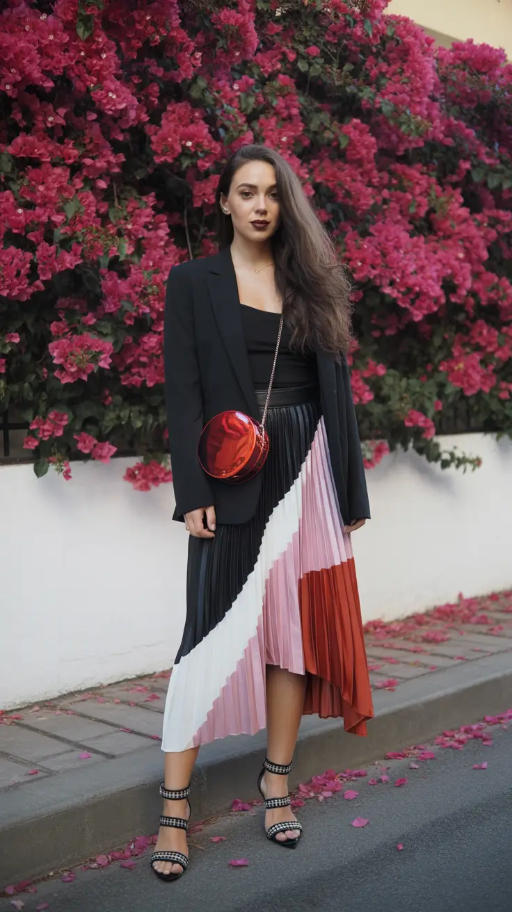 cute pleated skirt spring outfits for women 2026 Evening Drama with a Color-Blocked Pleated Midi