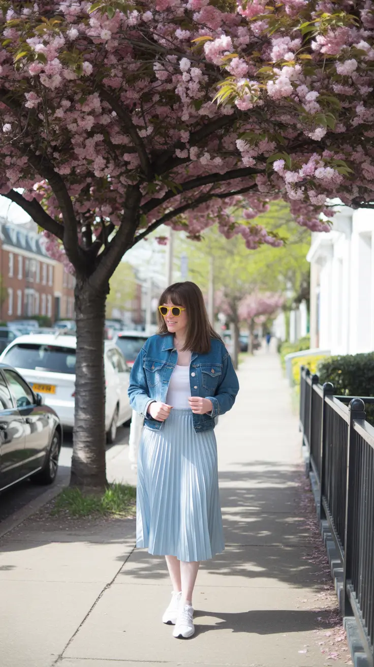 cute pleated skirt spring outfits for women 2026 Soft Blue Spring Mornings in a Pleated Midi