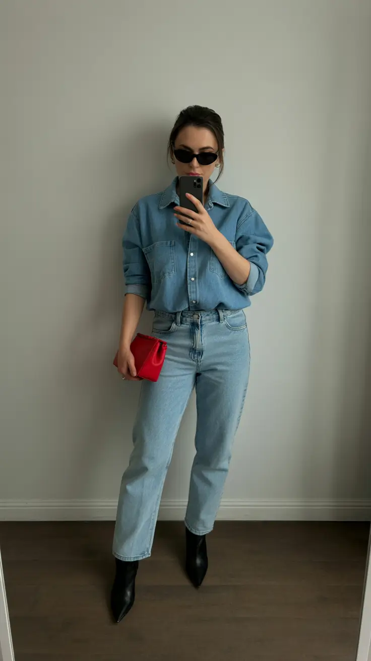 cute spring outfit for friday 2026 - Denim-on-Denim with a Confident Pop of Red