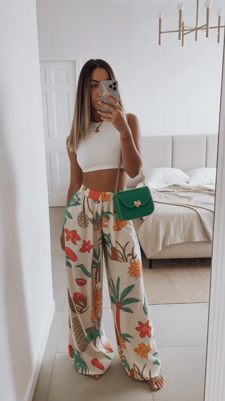 glam spring break outfit 2026 Tropical Print Pants