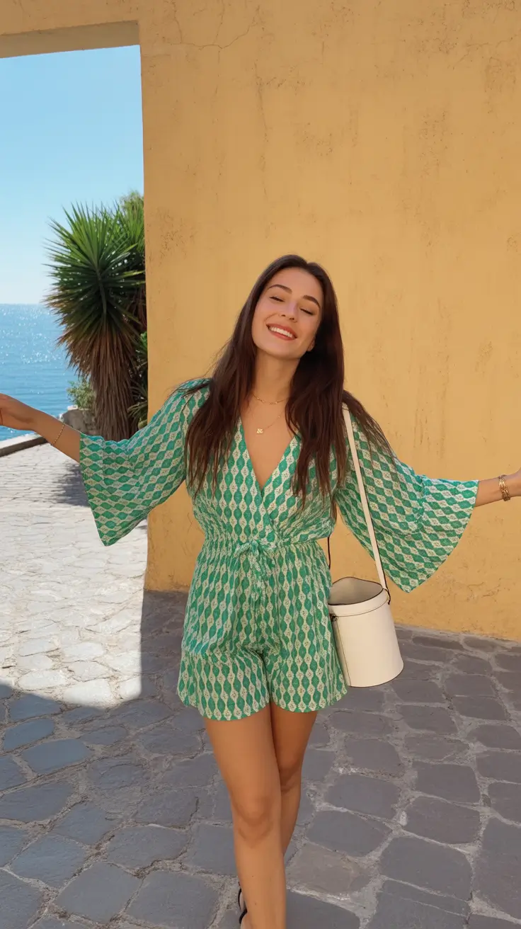 glam spring break outfit 2026 Green Printed Romper