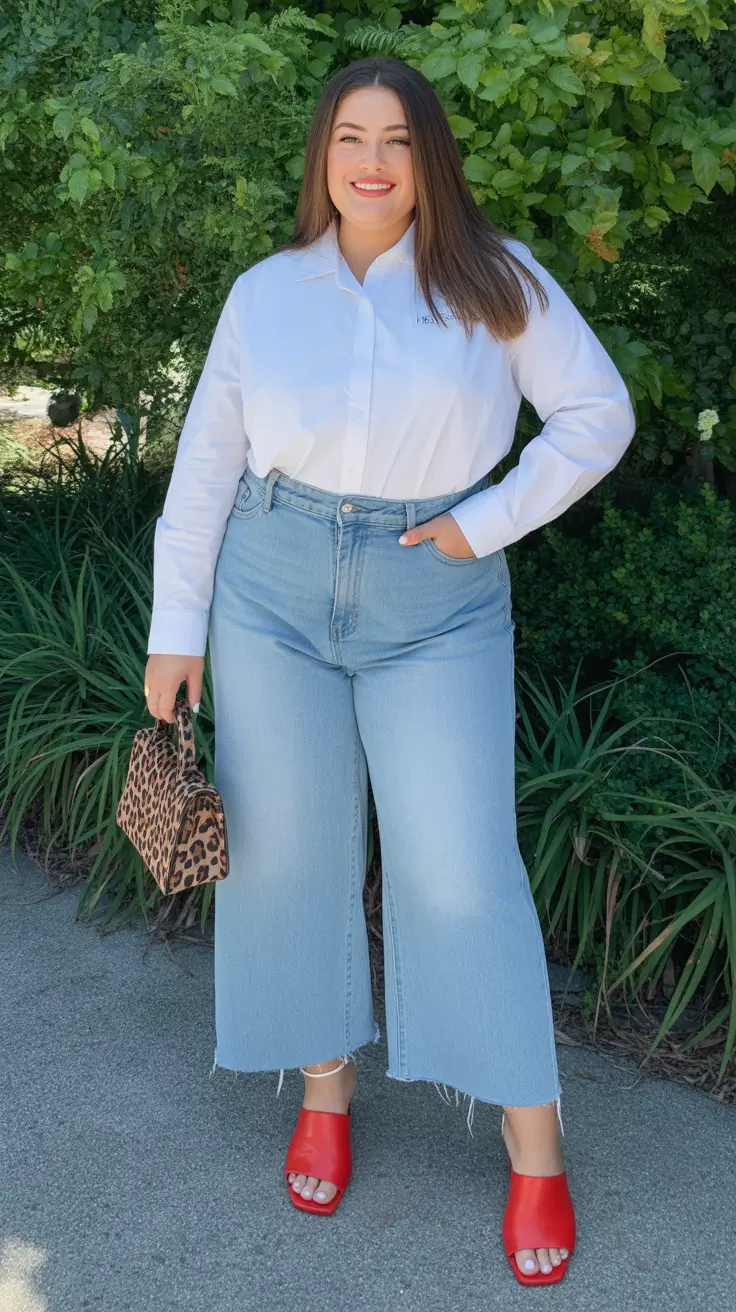 best plus size spring outfits 2026 Classic White Shirt With Wide-Leg Denim Confidence