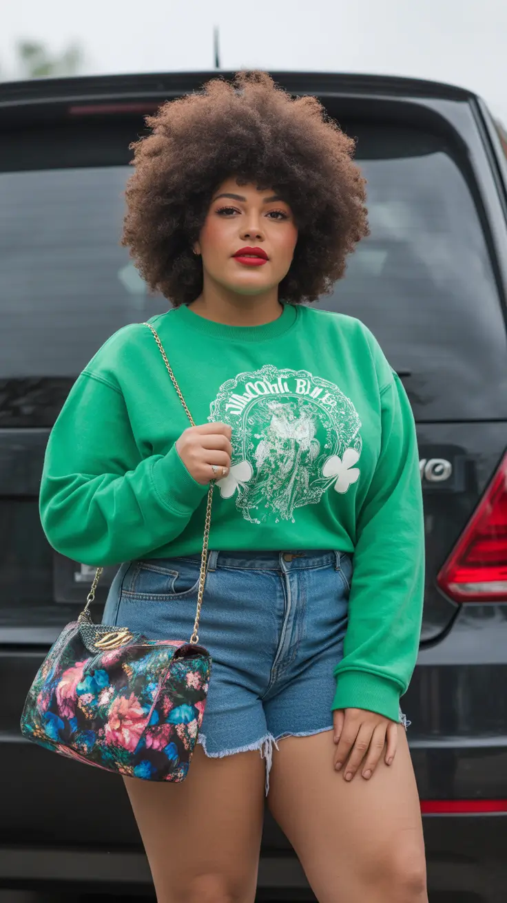 best plus size spring outfits 2026 Bright Green Sweatshirt And Denim Shorts Playfulness