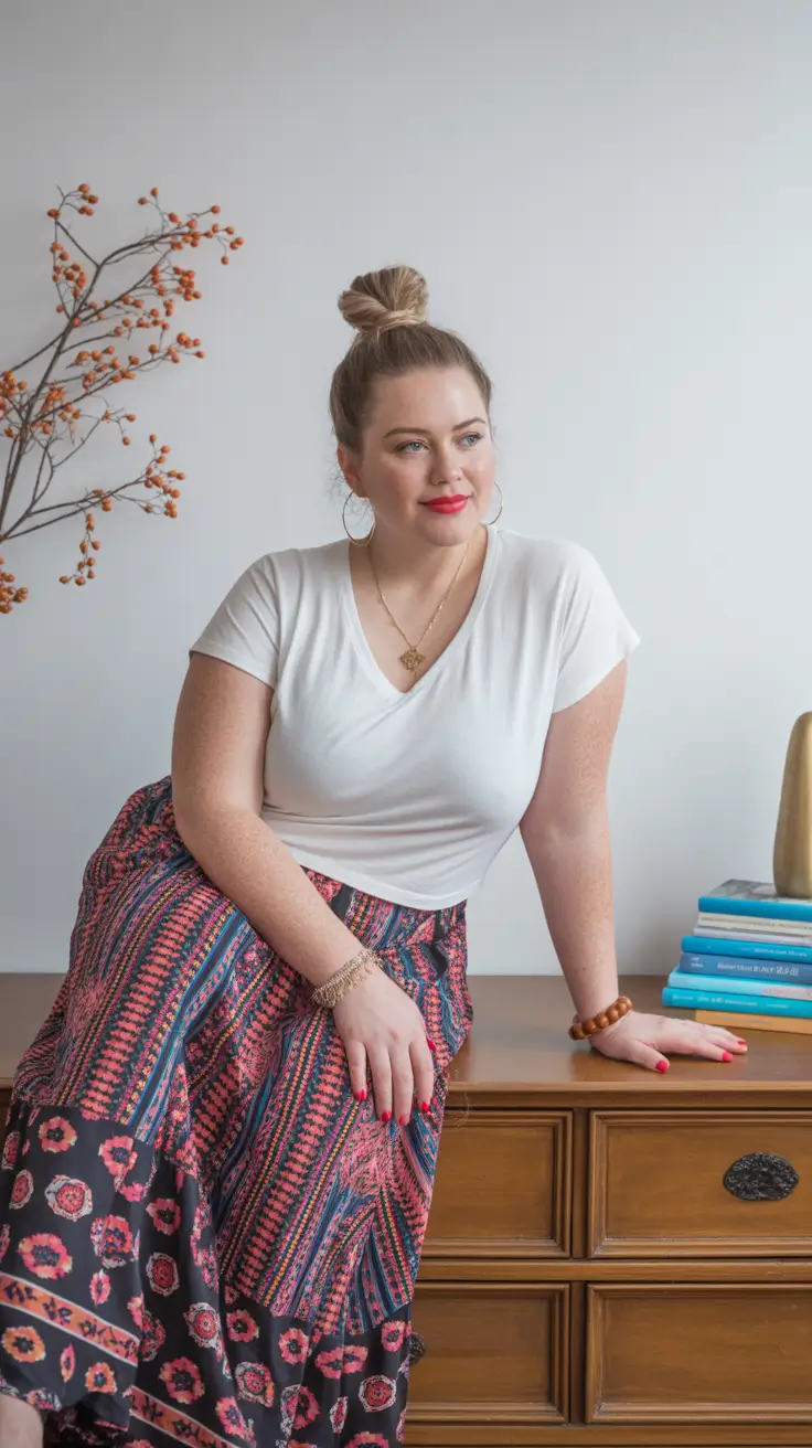best plus size spring outfits 2026 Printed Maxi Skirt and Clean White Tee Simplicity